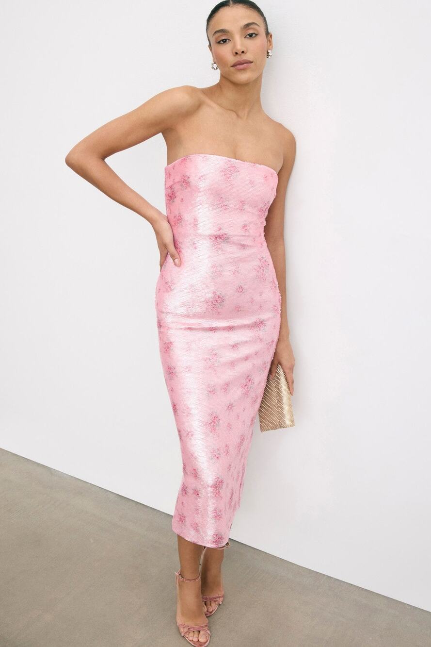 LoveShackFancy Stasia Pink Sequin Strapless Maxi Gown Column Dress Size 0 $695